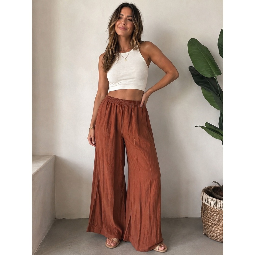 Rusttydustty Wide Leg Elastic Waist Pants Copper Brown Viscose Blend Large